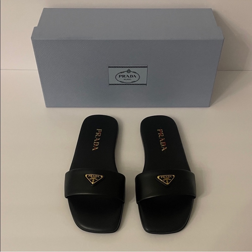 Prada Black Sandals with Gold Logo